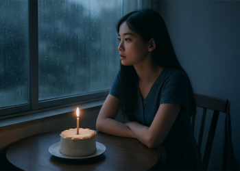 Người phụ nữ ngồi một mình trong căn phòng trống, ánh mắt trầm tư hướng ra cửa sổ, biểu hiện sự cô lập và cô đơn.