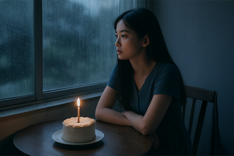 Người phụ nữ ngồi một mình trong căn phòng trống, ánh mắt trầm tư hướng ra cửa sổ, biểu hiện sự cô lập và cô đơn.