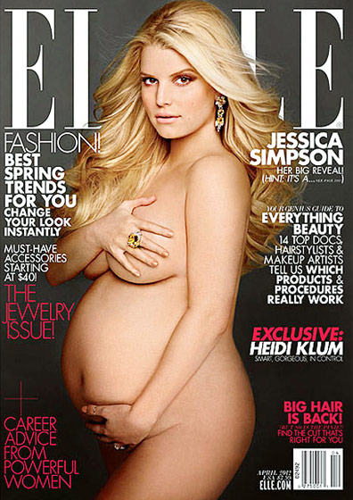 Jessica Simpson For the April 2012 issue of ELLE, the singer revealed that she and her fiance, former NFL pro Eric Johnson, are expecting a baby girl! Read more: http://www.usmagazine.com/celebrity-moms/pictures/nude-pregnant-celebs-201273/21333#ixzz39FPCEEXf  Follow us: @usweekly on Twitter | usweekly on Facebook