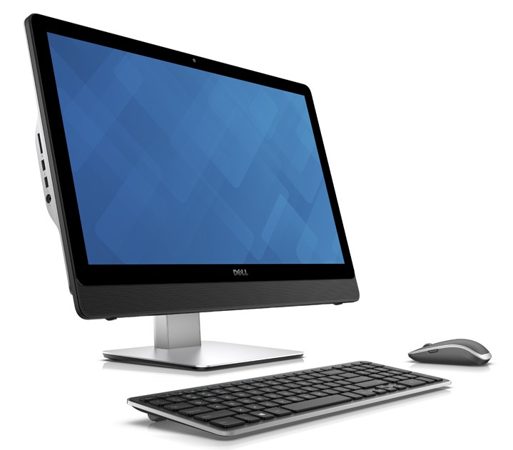 Dell Inspiron 24 5000 Series (Model 5459 Sunflower) All-in-One Touch desktop computer with pedestal stand, shown with keyboard and mouse. Default peripherals layer features KM714 wireless keyboard and mouse (Tangerine). Optional second layer for KM216 wired keyboard (Rusty) and MS116 wired mouse (Sapphire) .