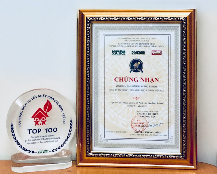 Sun Life VN nằm trong top 100 sản phẩm, dịch vụ tốt nhất cho gia đình, trẻ em năm 2018
