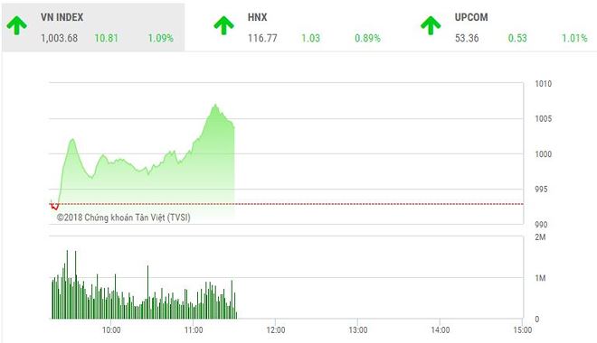 Phiên sáng 4/6: Nhiều cổ phiếu nổi sóng, VN-Index chinh phục thành công mốc 1.000 điểm