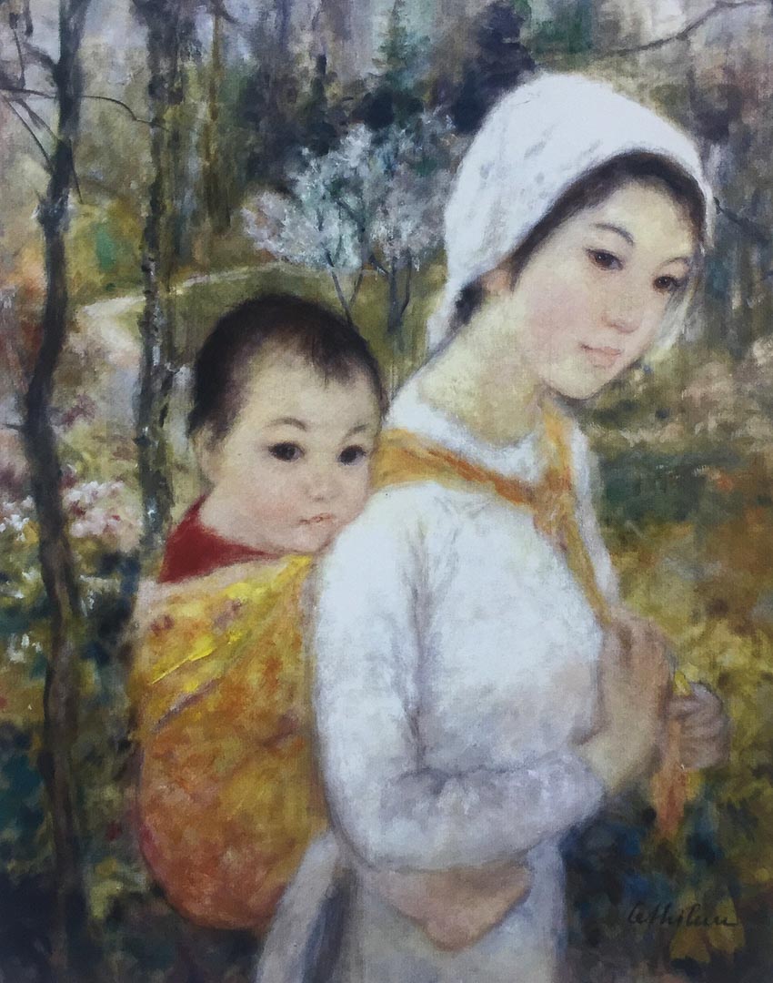 Tác phẩm Mẹ địu con, tranh lụa, khoảng 1965 - 1970.