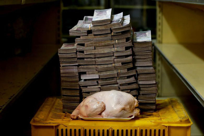 Một con gà 2,4 kg đặt cạnh chồng tiền 14,6 triệu bolivar, tương đương 2,22 USD, tại khu chợ nhỏ ở Caracas, Venezuela, hôm 16/8.
