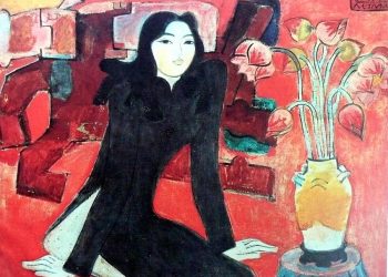 Thiếu nữ và hoa sen (sơn dầu) - Nguyễn Sáng