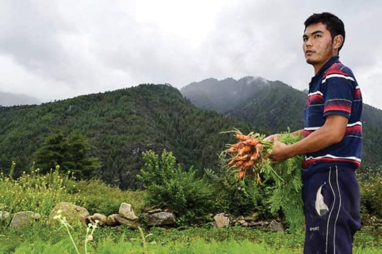 Một nhà nông ở Bhutan trong nông trại trồng thực phẩm hữu cơ của mình