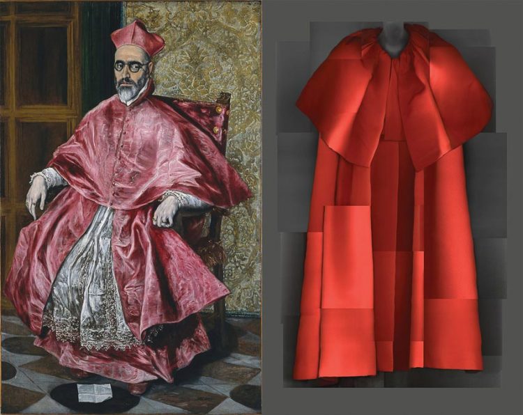 Chân dung Hồng y Fernando Niño de Guevara (1541-1609), được El Greco vẽ khoảng năm 1600, bên cạnh là thời trang của nhà tạo mốt Cristóbal Balenciaga trong bộ sưu tập Thu-Đông 1954-1955