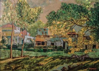 Sông Bắc Vọng, Cao Bằng - tranh sơn mài của Nguyễn Đức Quang