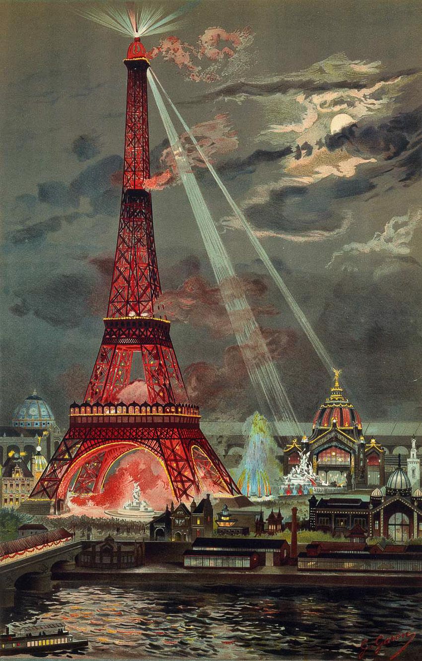 Tháp Eiffel chiếu sáng hội chợ thế giới năm 1889. Tranh sơn dầu: George Garen