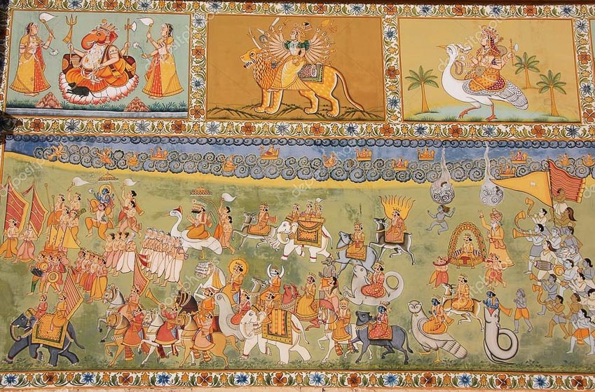 Bích họa nhiều màu sắc tại công sự Mehrangarh, Rajasthan, Ấn Độ