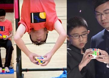 Que Jianyu - Giải một khối rubik nhanh nhất trong khi lộn ngược người - 3