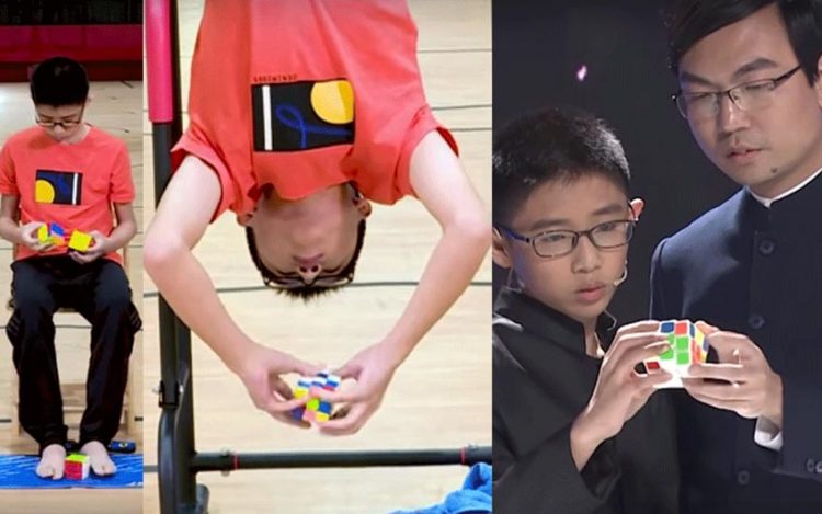 Que Jianyu - Giải một khối rubik nhanh nhất trong khi lộn ngược người - 3