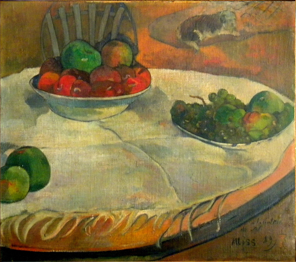 Cuộc sống trái cây trên bàn với một chú chó nhỏ của Paul Gauguin