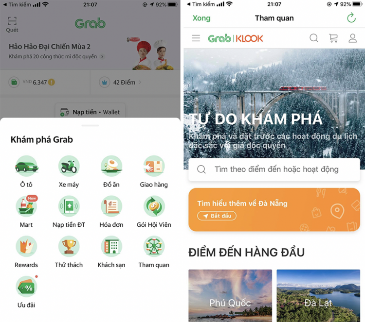 Trang chủ Grab với mục “Tham quan” và trang chủ của mục “Tham quan”
