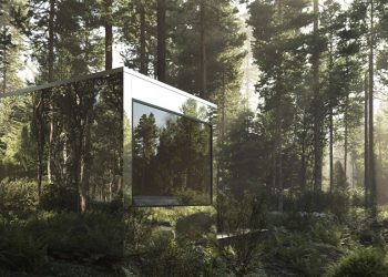 Các ngôi nhà cabin phản chiếu hòa vào cảnh quan khu rừng ở Canada