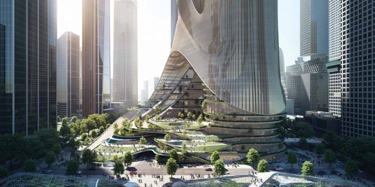 Tòa tháp chọc trời với các bậc thang tràn ngập cây xanh