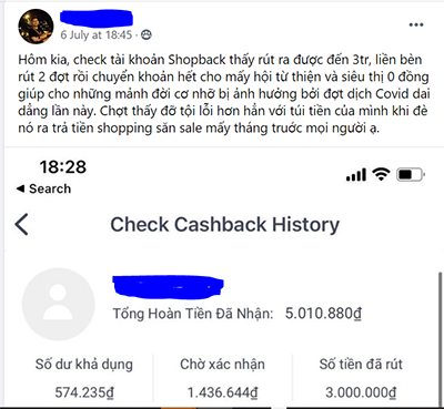Người dùng chia sẻ việc rút tiền từ ShopBack thành công