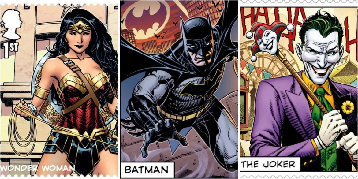 Batman, Joker và Wonder Woman trên tem do Royal Mail và Warner Bros tạo ra  để kỷ niệm DC Comics 