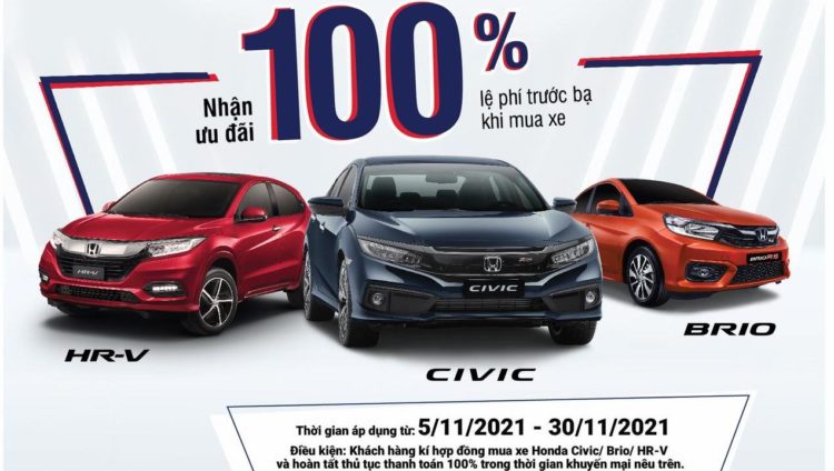 Khách mua xe Honda Civic, HR-V, Brio được giảm 100% phí trước bạ
