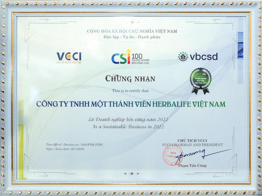 Herbalife Việt Nam được vinh danh top 100 Doanh nghiệp Bền vững Việt Nam năm 2022 - 2
