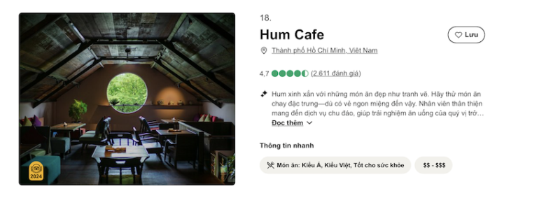 Hum thuộc top 18 nhà hàng chay tốt nhất thế giới 2024