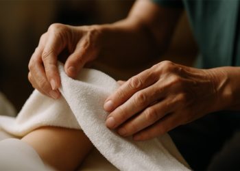 Người giúp việc lớn tuổi đang chăm sóc trẻ nhỏ trong không gian ấm cúng, ánh mắt dịu dàng và đầy trách nhiệm