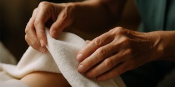 Người giúp việc lớn tuổi đang chăm sóc trẻ nhỏ trong không gian ấm cúng, ánh mắt dịu dàng và đầy trách nhiệm