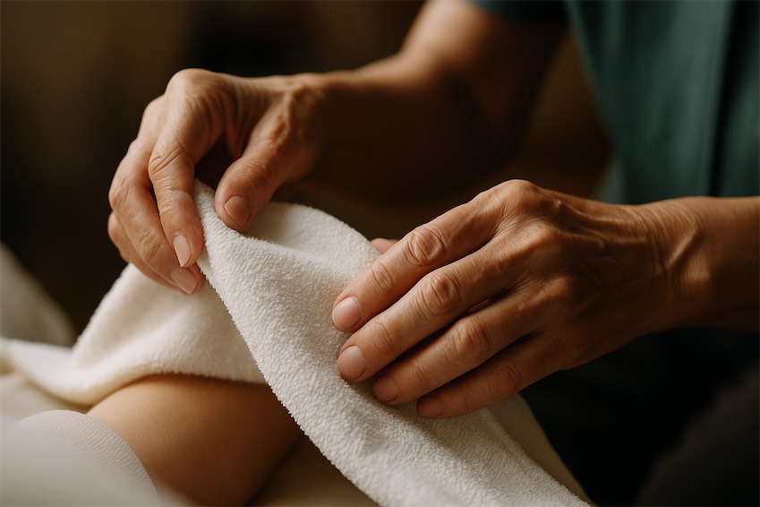 Người giúp việc lớn tuổi đang chăm sóc trẻ nhỏ trong không gian ấm cúng, ánh mắt dịu dàng và đầy trách nhiệm