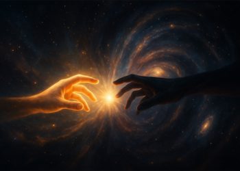 Hai bàn tay ánh sáng và bóng tối chạm nhau giữa vũ trụ xoáy, biểu tượng cho năng lượng nhân quả.