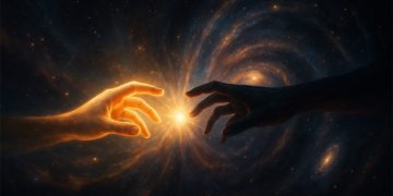 Hai bàn tay ánh sáng và bóng tối chạm nhau giữa vũ trụ xoáy, biểu tượng cho năng lượng nhân quả.