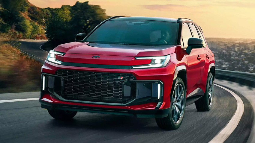 Toyota RAV4 2026 phiên bản GR Sport với thiết kế thể thao, đèn LED chữ C và màu sơn xanh đậm tại buổi ra mắt toàn cầu.