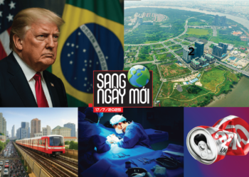 Toàn cảnh thành phố Hồ Chí Minh nhìn từ trên cao vào chiều tối, nền trời nhiều mây, ánh sáng nhạt dần – biểu tượng của nhịp sống đô thị đang chuyển động trong thời đại biến động.