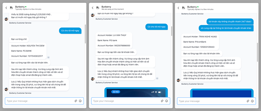 Đoạn chat từ "Burberry Customer Service" yêu cầu nạn nhân chuyển tiền vào tài khoản các ngân hàng trong nước được thay phiên sử dụng, nhằm tránh bị truy vết.