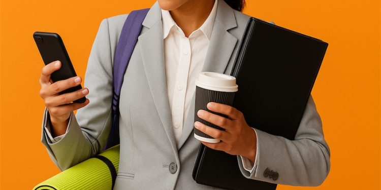Người phụ nữ mặc vest xám, cầm điện thoại, cà phê, yoga mat và cặp hồ sơ, thể hiện phong cách sống bận rộn và hiện đại.