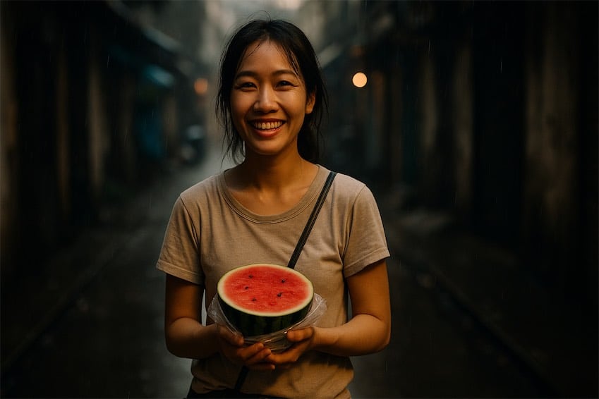 Một cô gái Việt Nam cười rạng rỡ cầm nửa quả dưa hấu, đứng trong hẻm mưa với ánh sáng điện ảnh – biểu tượng của sự gần gũi và chân thành.