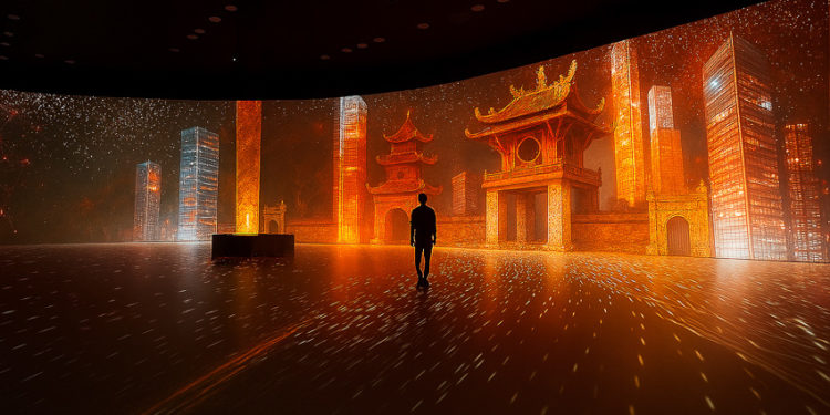 Không gian triển lãm Chạm Vị nhân sinh tại Nhà Hát Lớn Hà Nội với hiệu ứng ánh sáng và thiết kế sáng tạo