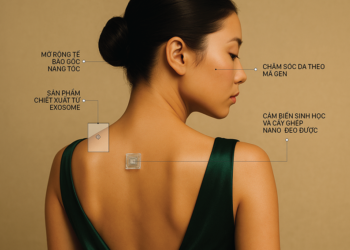 Khuôn mặt phụ nữ rạng rỡ tương tác với giao diện công nghệ hiển thị chuỗi DNA và nanobot, minh họa chăm sóc da cá nhân hóa và khoa học tái tạo.