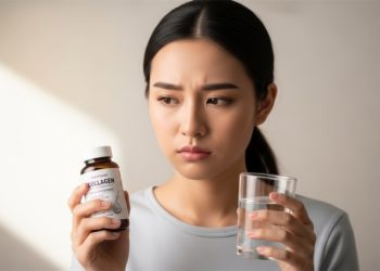 Cô gái trẻ cầm ly nước collagen, ánh mắt ngờ vực khi nhìn thành phần sản phẩm