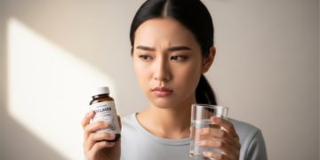 Cô gái trẻ cầm ly nước collagen, ánh mắt ngờ vực khi nhìn thành phần sản phẩm