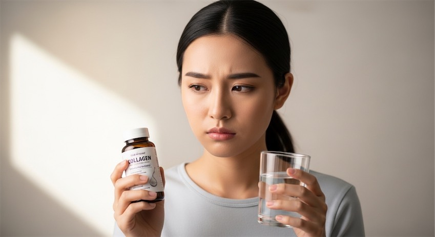 Cô gái trẻ cầm ly nước collagen, ánh mắt ngờ vực khi nhìn thành phần sản phẩm