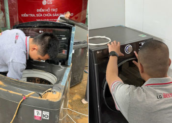 Kỹ thuật viên LG sửa chữa tủ lạnh cho người dân vùng lũ Nghệ An