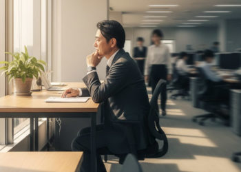 Nhân viên Nhật ngồi làm việc cạnh cửa sổ, biểu tượng của hiện tượng madogiwa-zoku