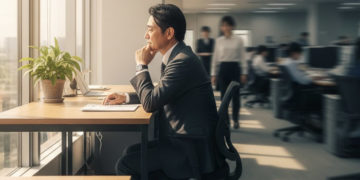 Nhân viên Nhật ngồi làm việc cạnh cửa sổ, biểu tượng của hiện tượng madogiwa-zoku