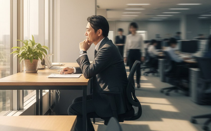 Nhân viên Nhật ngồi làm việc cạnh cửa sổ, biểu tượng của hiện tượng madogiwa-zoku