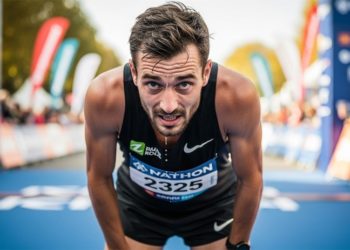 Vận động viên marathon cán đích sau quãng đường dài với cơ thể kiệt sức, ẩn dụ cho mặt trái của thể thao cực đoan.