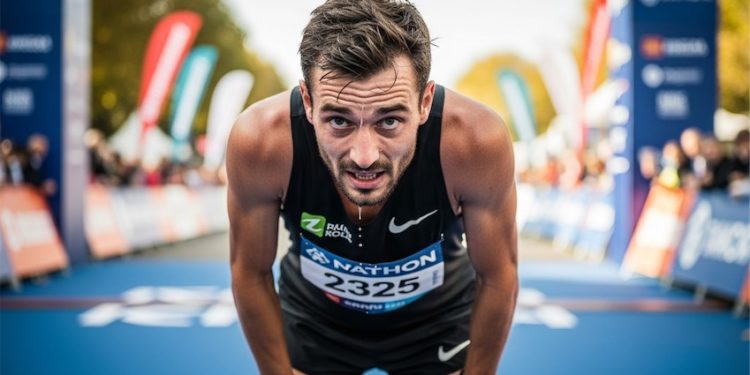 Vận động viên marathon cán đích sau quãng đường dài với cơ thể kiệt sức, ẩn dụ cho mặt trái của thể thao cực đoan.