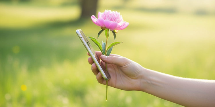 Người nằm trên cỏ với điện thoại úp mặt bên cạnh, tận hưởng không gian yên tĩnh ngoài trời.