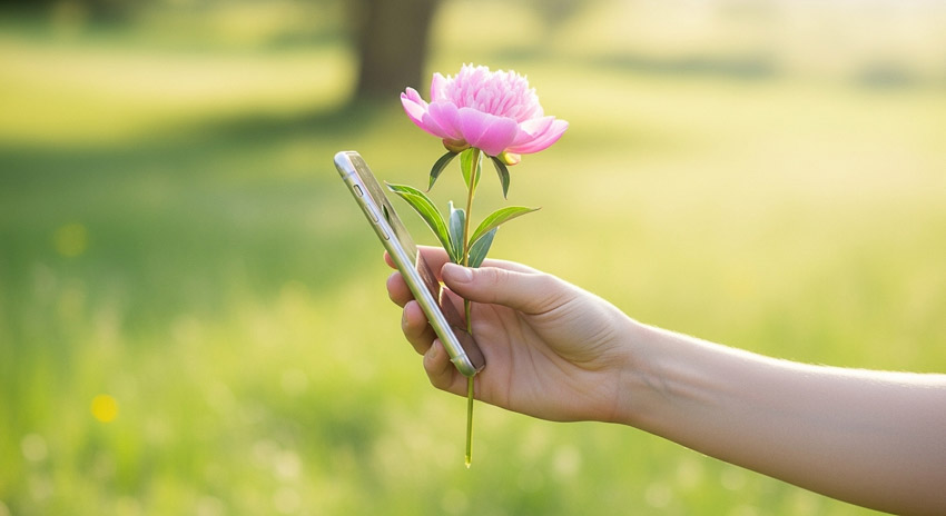 Người nằm trên cỏ với điện thoại úp mặt bên cạnh, tận hưởng không gian yên tĩnh ngoài trời.