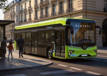 Xe buýt điện VinFast EB 12 trưng bày tại Busworld Europe 2025, phối cảnh đô thị châu Âu, hành khách lên xuống thuận tiện