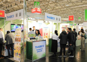 Gian hàng Thabico trưng bày nước ép, puree, trái cây IQF và sấy khô tại Anuga 2025, thu hút đông đảo khách quốc tế.